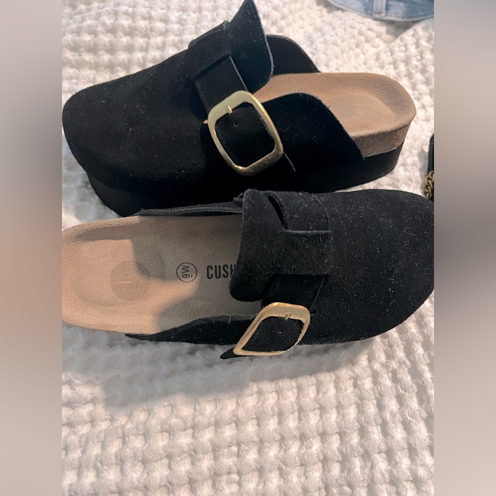 Slip on‎ suede clogs , gold buckle